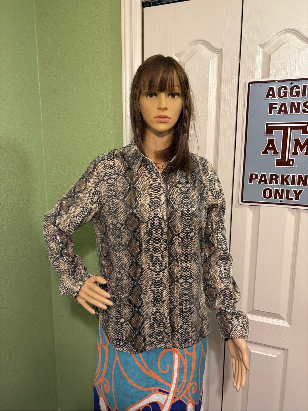 Ella Blu Snake Print Button-Up Blouse - Brown/Gray
